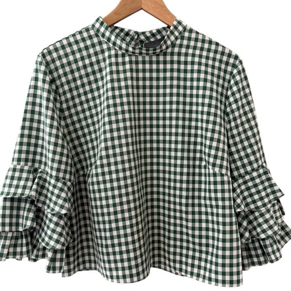 Anthropologie Sunday in Brooklyn 3/4 Sleeve Ruffled Checked Top Green Size Large - Picture 5 of 11